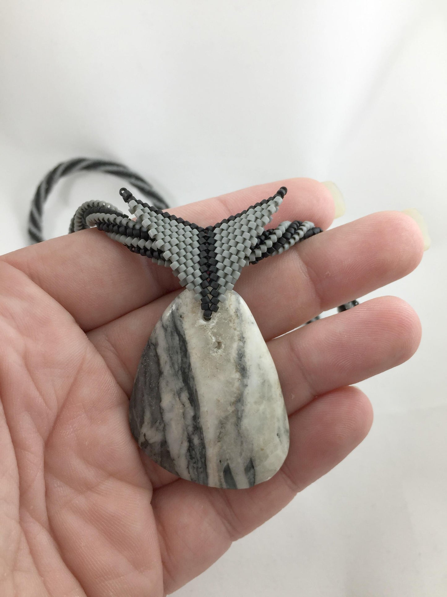 Beaded Necklace with White Marble Pendant, Herringbone Stitch, 19 Inch
